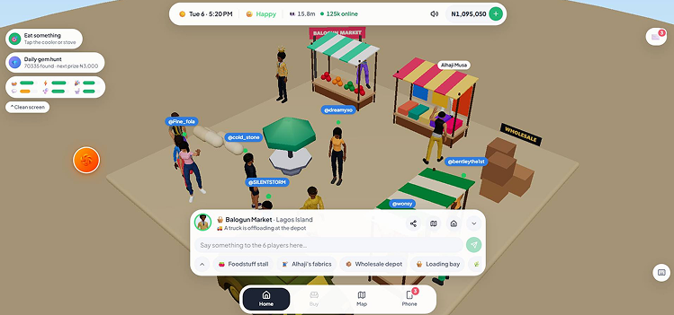 Lagos Life gameplay at Balogun Market with players, market stalls and the game HUD